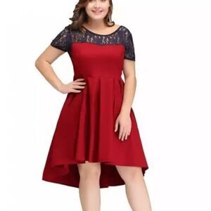 Sucrfas red wine lace panle fit and flare dress
